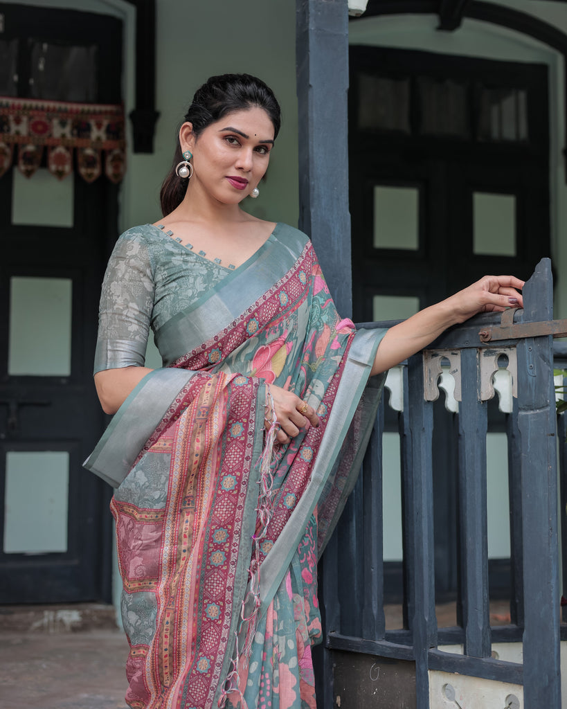 Pink and Maroon Pure Cotton Linen Saree with Blouse and Tassels - Floral Design with Leaf Patterns LINEN