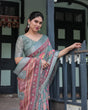 Load image into Gallery viewer, Pink and Maroon Pure Cotton Linen Saree with Blouse and Tassels - Floral Design with Leaf Patterns LINEN