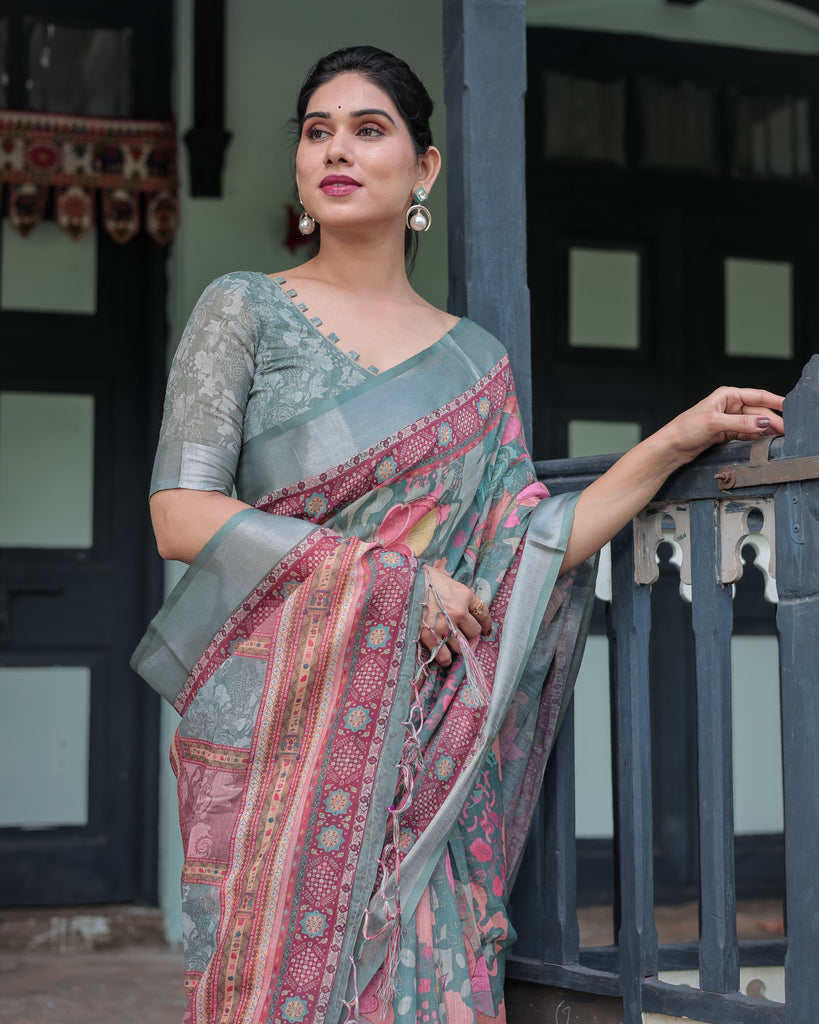 Pink and Maroon Pure Cotton Linen Saree with Blouse and Tassels - Floral Design with Leaf Patterns LINEN