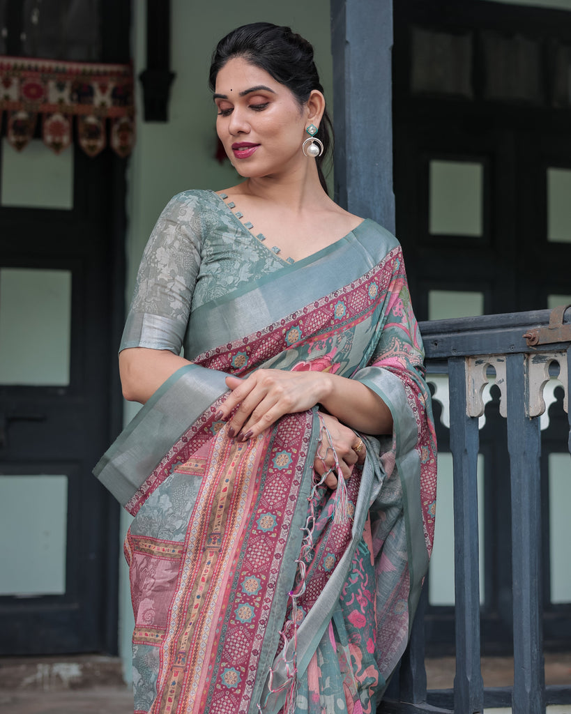 Pink and Maroon Pure Cotton Linen Saree with Blouse and Tassels - Floral Design with Leaf Patterns LINEN
