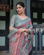 Load image into Gallery viewer, Pink and Maroon Pure Cotton Linen Saree with Blouse and Tassels - Floral Design with Leaf Patterns LINEN