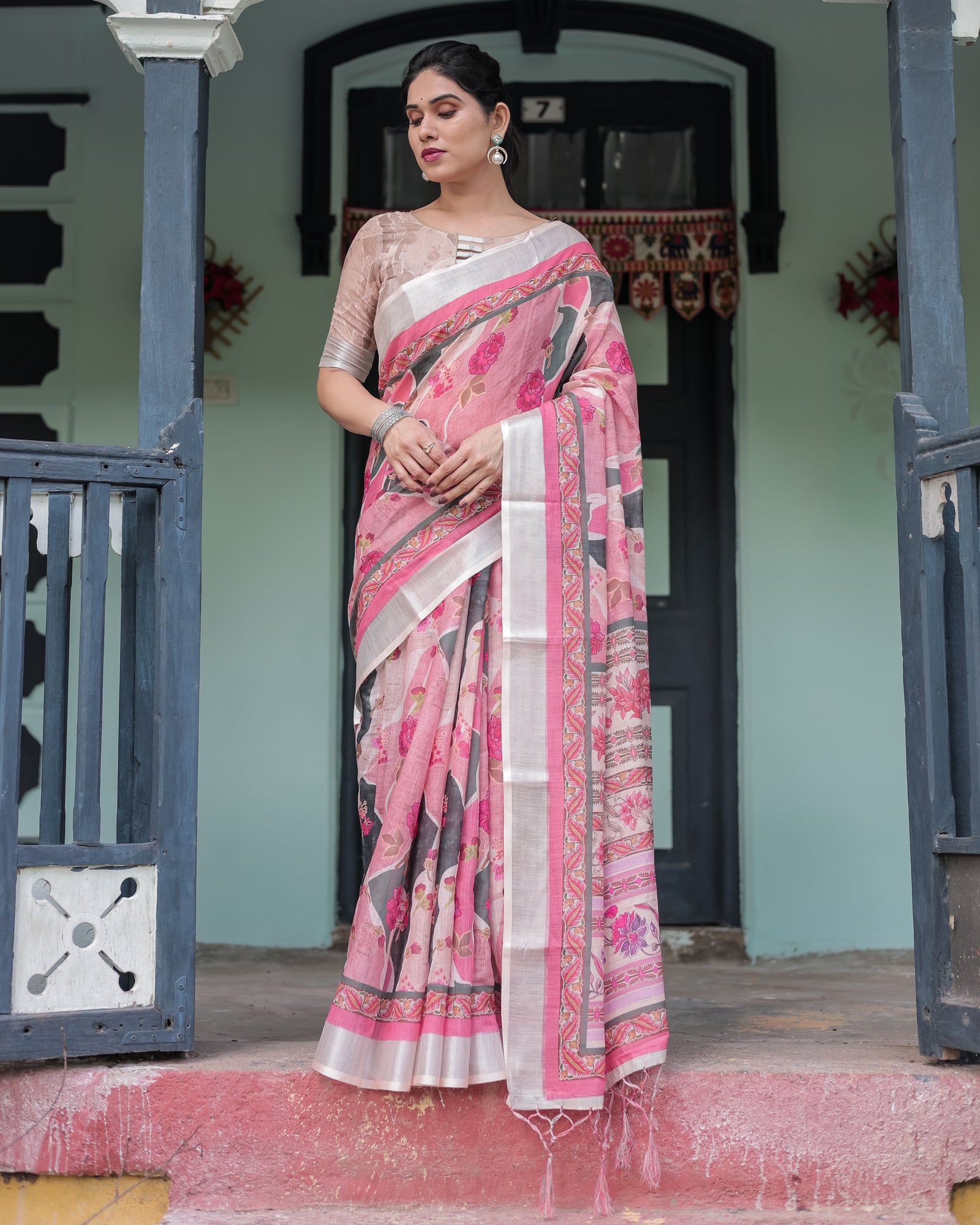 Elegant Pink and White Pure Cotton Linen Saree with Floral and Foliage Prints, Contrast Border, and Tassels LINEN