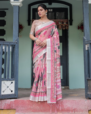 Elegant Pink and White Pure Cotton Linen Saree with Floral and Foliage Prints, Contrast Border, and Tassels LINEN