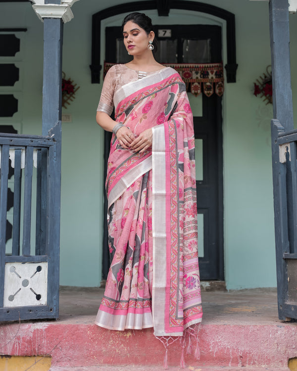 Elegant Pink and White Pure Cotton Linen Saree with Floral and Foliage Prints, Contrast Border, and Tassels LINEN