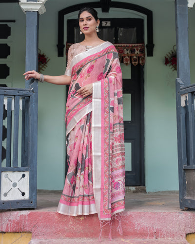 Elegant Pink and White Pure Cotton Linen Saree with Floral and Foliage Prints, Contrast Border, and Tassels LINEN