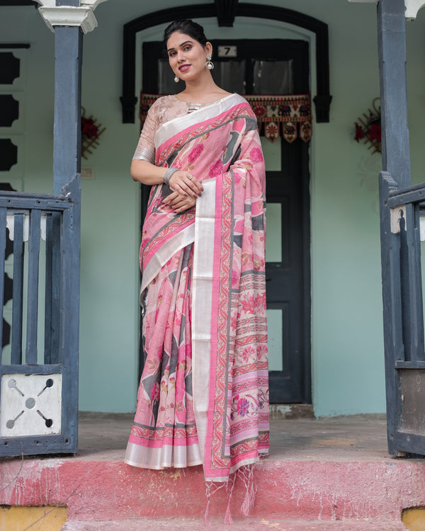 Elegant Pink and White Pure Cotton Linen Saree with Floral and Foliage Prints, Contrast Border, and Tassels LINEN