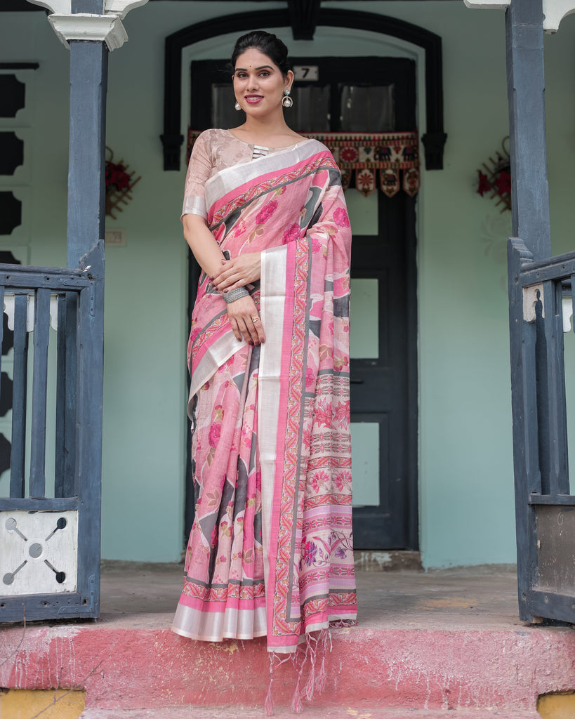 Elegant Pink and White Pure Cotton Linen Saree with Floral and Foliage Prints, Contrast Border, and Tassels LINEN