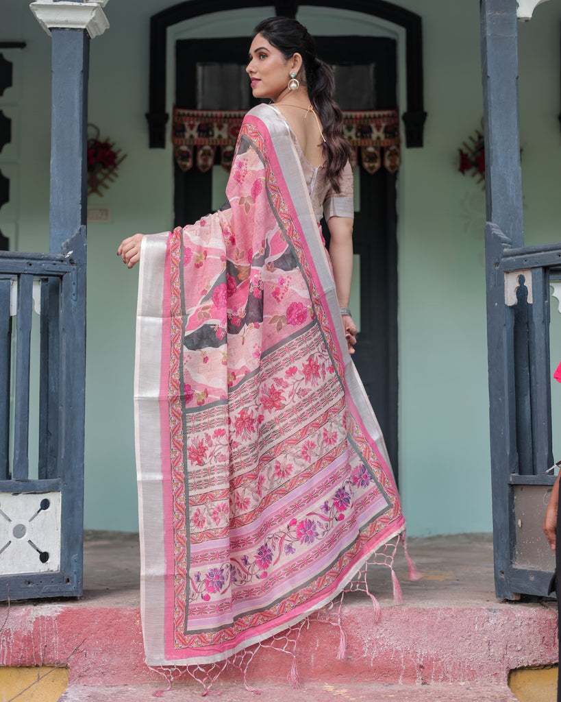 Elegant Pink and White Pure Cotton Linen Saree with Floral and Foliage Prints, Contrast Border, and Tassels LINEN