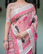Load image into Gallery viewer, Elegant Pink and White Pure Cotton Linen Saree with Floral and Foliage Prints, Contrast Border, and Tassels LINEN