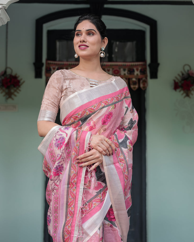 Elegant Pink and White Pure Cotton Linen Saree with Floral and Foliage Prints, Contrast Border, and Tassels LINEN