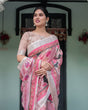 Load image into Gallery viewer, Elegant Pink and White Pure Cotton Linen Saree with Floral and Foliage Prints, Contrast Border, and Tassels LINEN