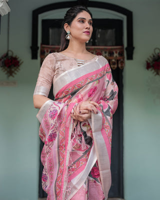 Elegant Pink and White Pure Cotton Linen Saree with Floral and Foliage Prints, Contrast Border, and Tassels LINEN