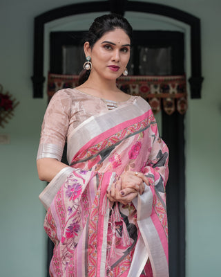 Elegant Pink and White Pure Cotton Linen Saree with Floral and Foliage Prints, Contrast Border, and Tassels LINEN