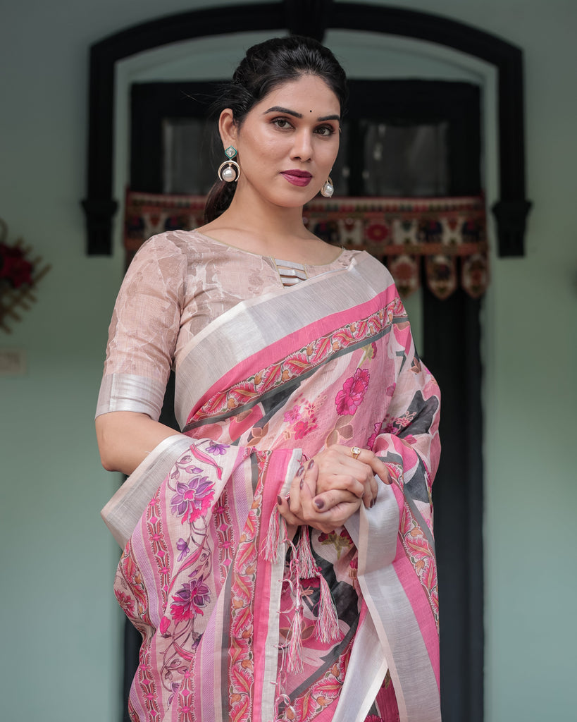 Elegant Pink and White Pure Cotton Linen Saree with Floral and Foliage Prints, Contrast Border, and Tassels LINEN