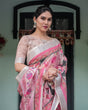 Load image into Gallery viewer, Elegant Pink and White Pure Cotton Linen Saree with Floral and Foliage Prints, Contrast Border, and Tassels LINEN