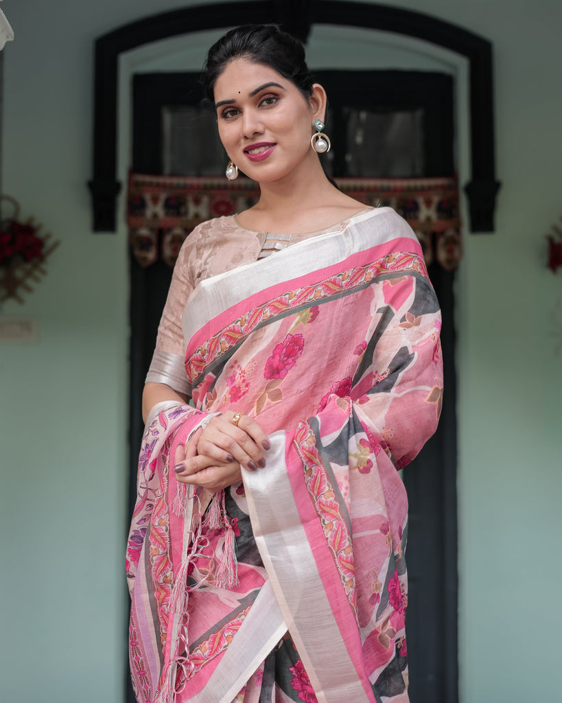 Elegant Pink and White Pure Cotton Linen Saree with Floral and Foliage Prints, Contrast Border, and Tassels LINEN