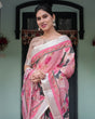 Load image into Gallery viewer, Elegant Pink and White Pure Cotton Linen Saree with Floral and Foliage Prints, Contrast Border, and Tassels LINEN