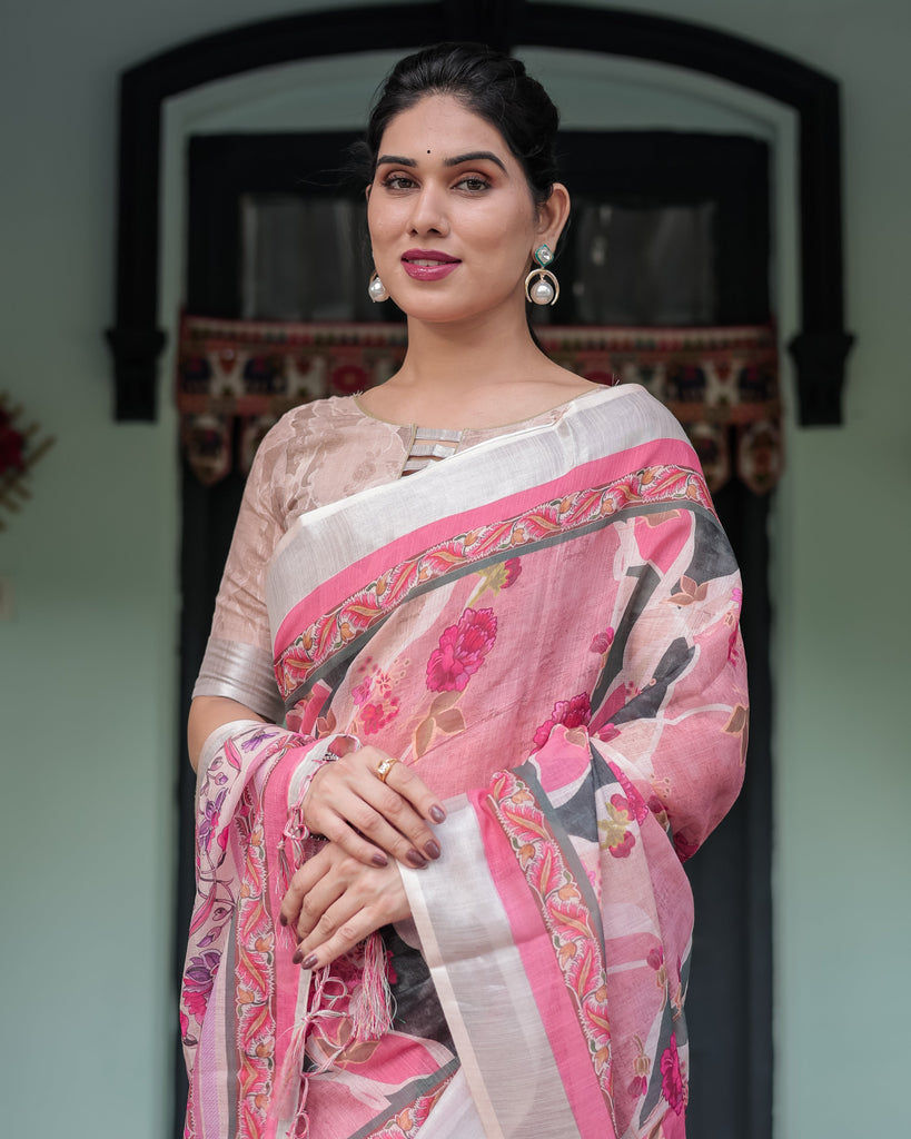 Elegant Pink and White Pure Cotton Linen Saree with Floral and Foliage Prints, Contrast Border, and Tassels LINEN
