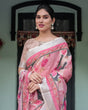 Load image into Gallery viewer, Elegant Pink and White Pure Cotton Linen Saree with Floral and Foliage Prints, Contrast Border, and Tassels LINEN