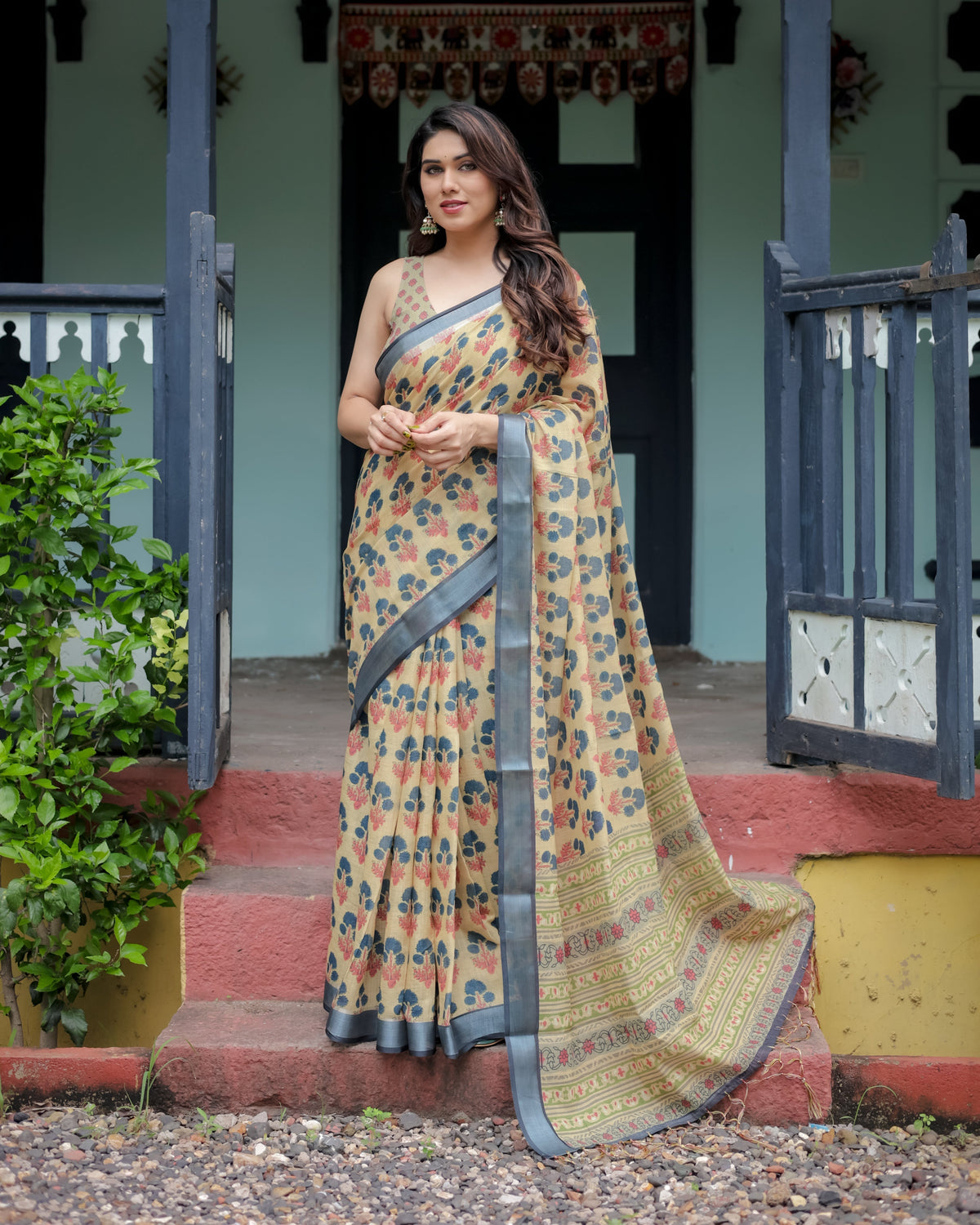 Beige and Charcoal Pure Cotton Linen Saree with Floral Print, Blouse, and Tassel Detailing LINEN Main image