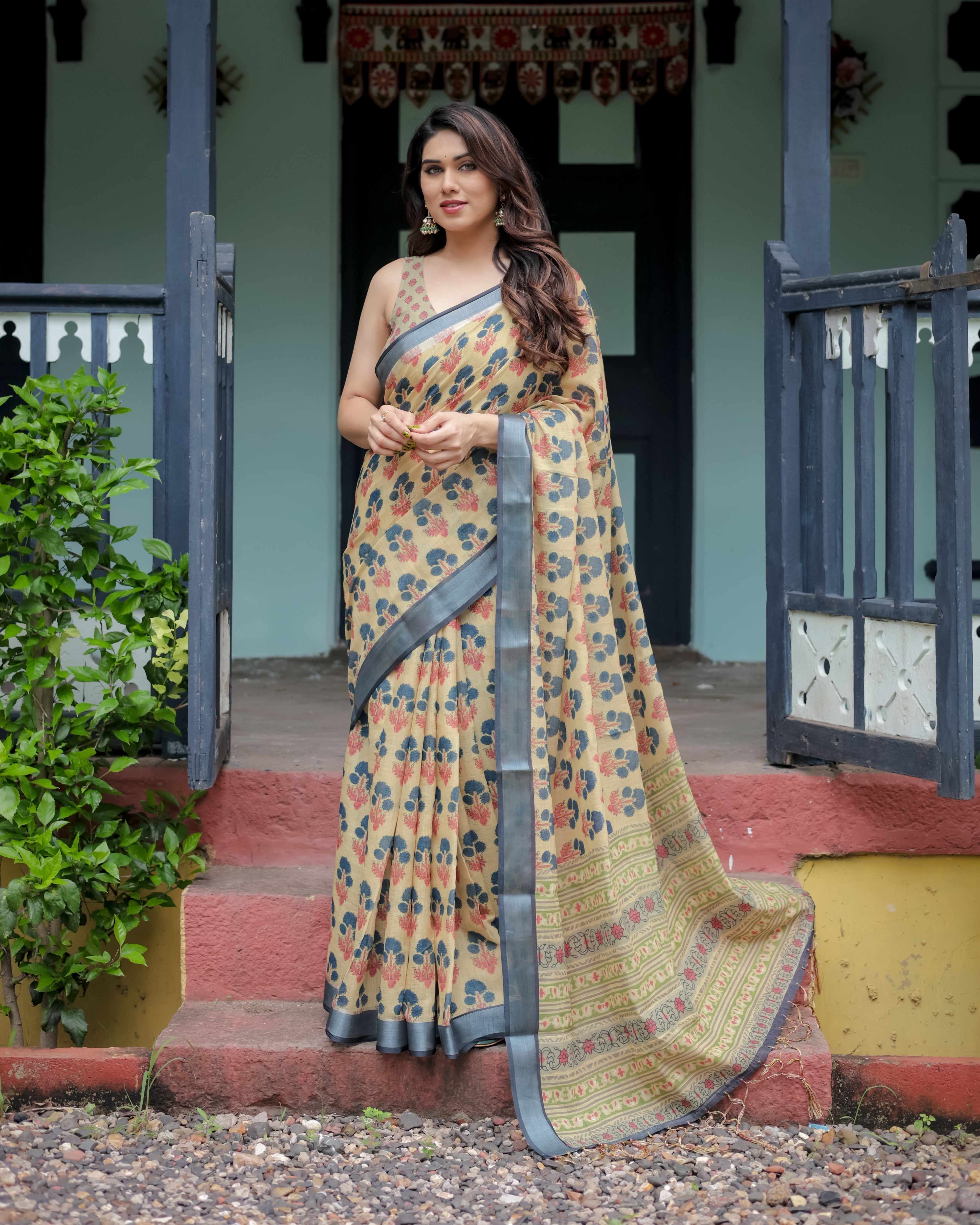 Beige and Charcoal Pure Cotton Linen Saree with Floral Print, Blouse, and Tassel Detailing LINEN Main image