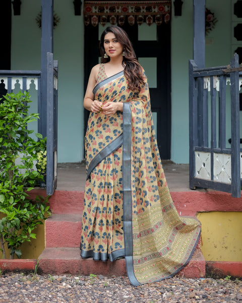 Beige and Charcoal Pure Cotton Linen Saree with Floral Print, Blouse, and Tassel Detailing LINEN Main image