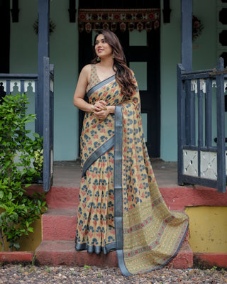 Beige and Charcoal Pure Cotton Linen Saree with Floral Print, Blouse, and Tassel Detailing LINEN