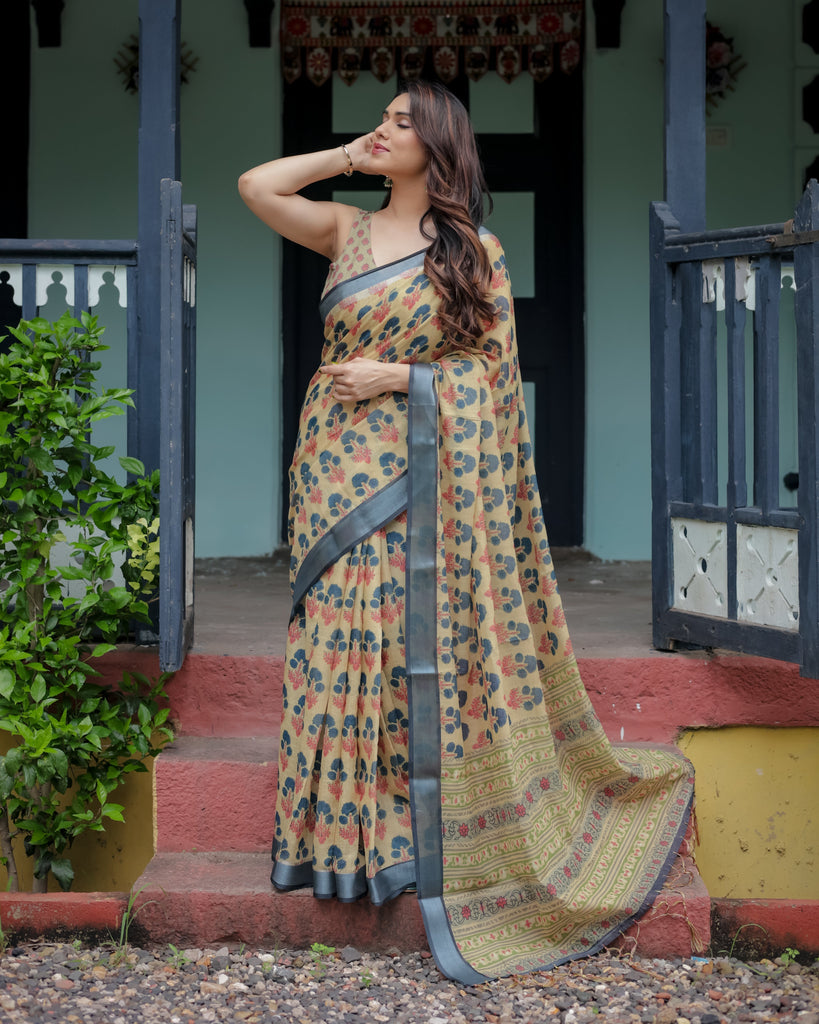 Beige and Charcoal Pure Cotton Linen Saree with Floral Print, Blouse, and Tassel Detailing LINEN