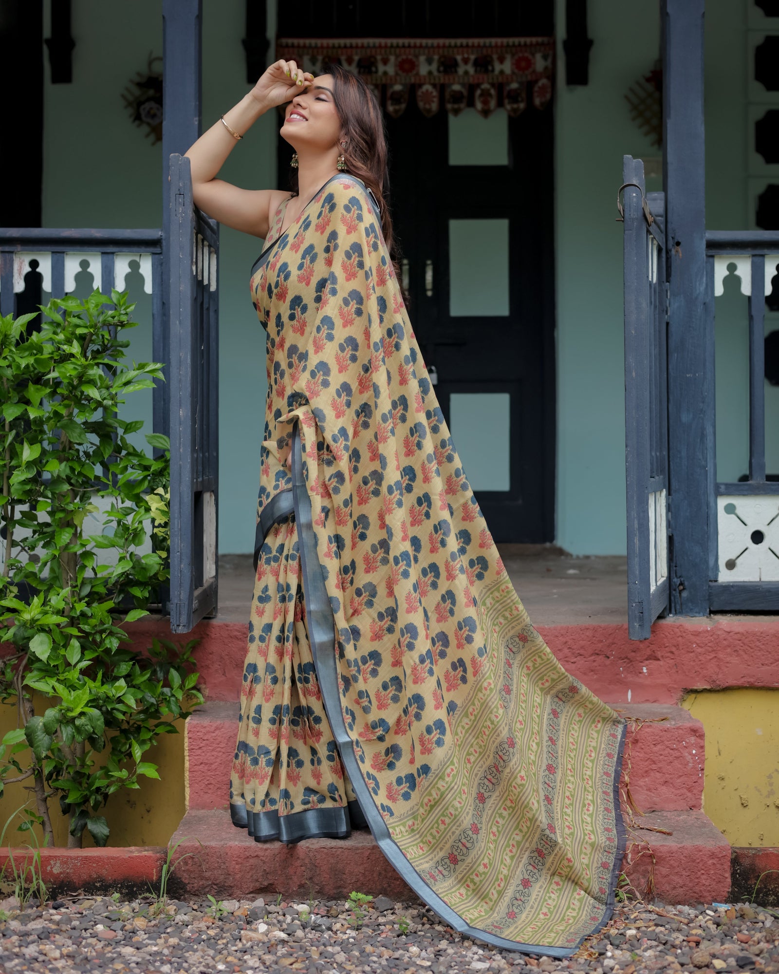 Beige and Charcoal Pure Cotton Linen Saree with Floral Print, Blouse, and Tassel Detailing LINEN
