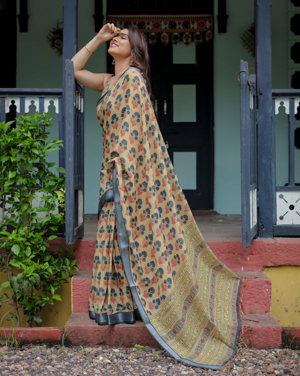 Beige and Charcoal Pure Cotton Linen Saree with Floral Print, Blouse, and Tassel Detailing LINEN