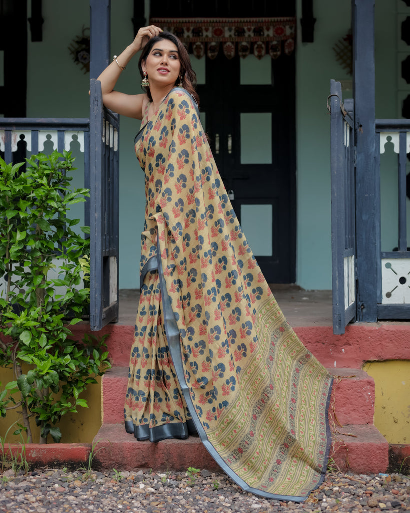 Beige and Charcoal Pure Cotton Linen Saree with Floral Print, Blouse, and Tassel Detailing LINEN