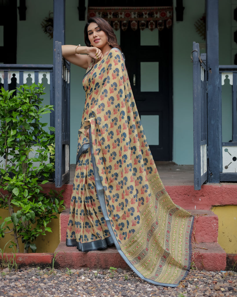 Beige and Charcoal Pure Cotton Linen Saree with Floral Print, Blouse, and Tassel Detailing LINEN