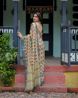 Beige and Charcoal Pure Cotton Linen Saree with Floral Print, Blouse, and Tassel Detailing LINEN