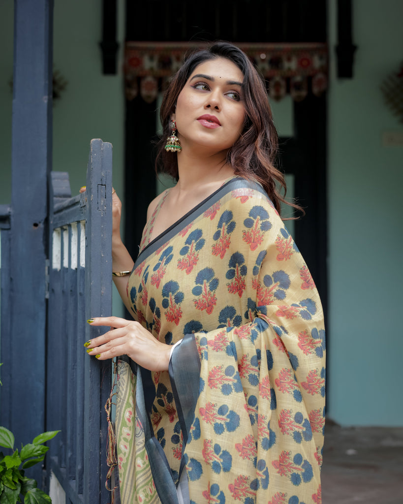 Beige and Charcoal Pure Cotton Linen Saree with Floral Print, Blouse, and Tassel Detailing LINEN