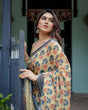 Load image into Gallery viewer, Beige and Charcoal Pure Cotton Linen Saree with Floral Print, Blouse, and Tassel Detailing LINEN
