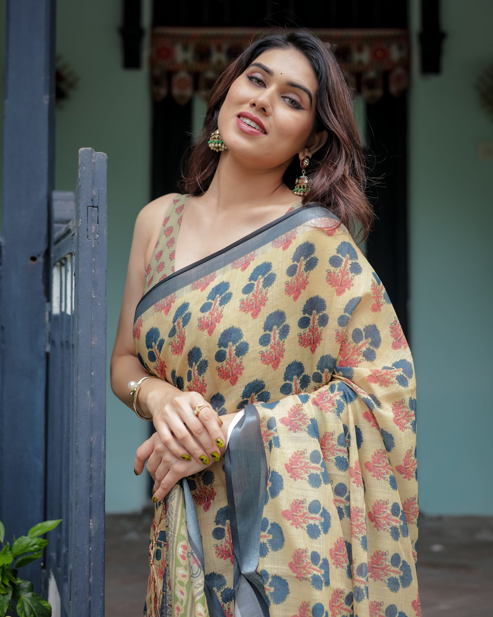Beige and Charcoal Pure Cotton Linen Saree with Floral Print, Blouse, and Tassel Detailing LINEN