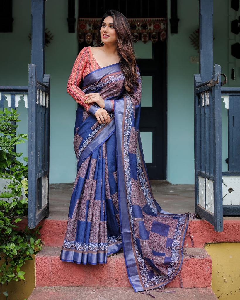 Navy Blue & Red Pure Cotton Linen Saree with Blouse and Tassels on Edges LINEN