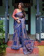 Load image into Gallery viewer, Navy Blue &amp; Red Pure Cotton Linen Saree with Blouse and Tassels on Edges LINEN