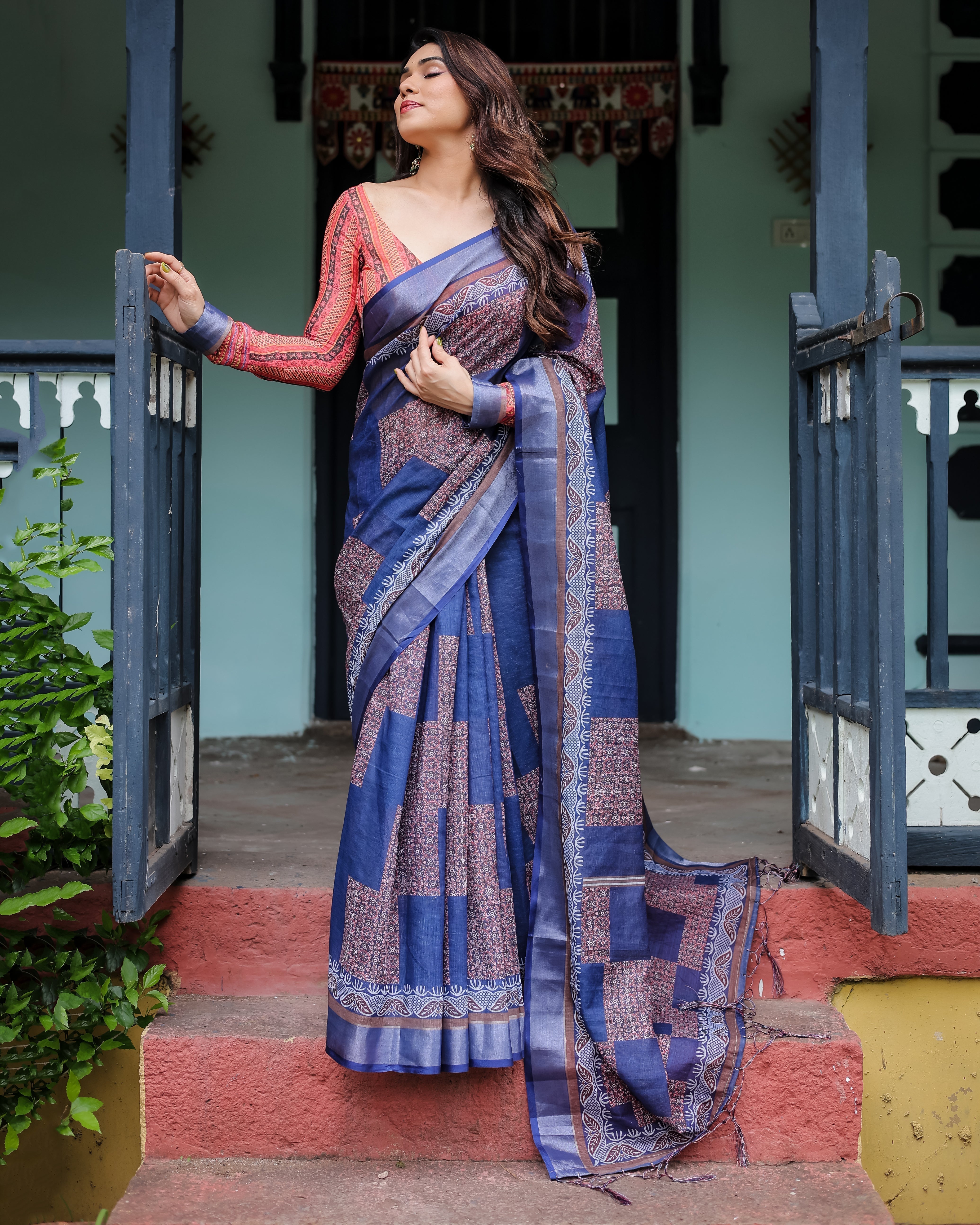 Navy Blue & Red Pure Cotton Linen Saree with Blouse and Tassels on Edges LINEN Main image