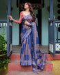 Load image into Gallery viewer, Navy Blue &amp; Red Pure Cotton Linen Saree with Blouse and Tassels on Edges LINEN