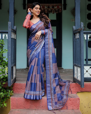 Navy Blue & Red Pure Cotton Linen Saree with Blouse and Tassels on Edges LINEN