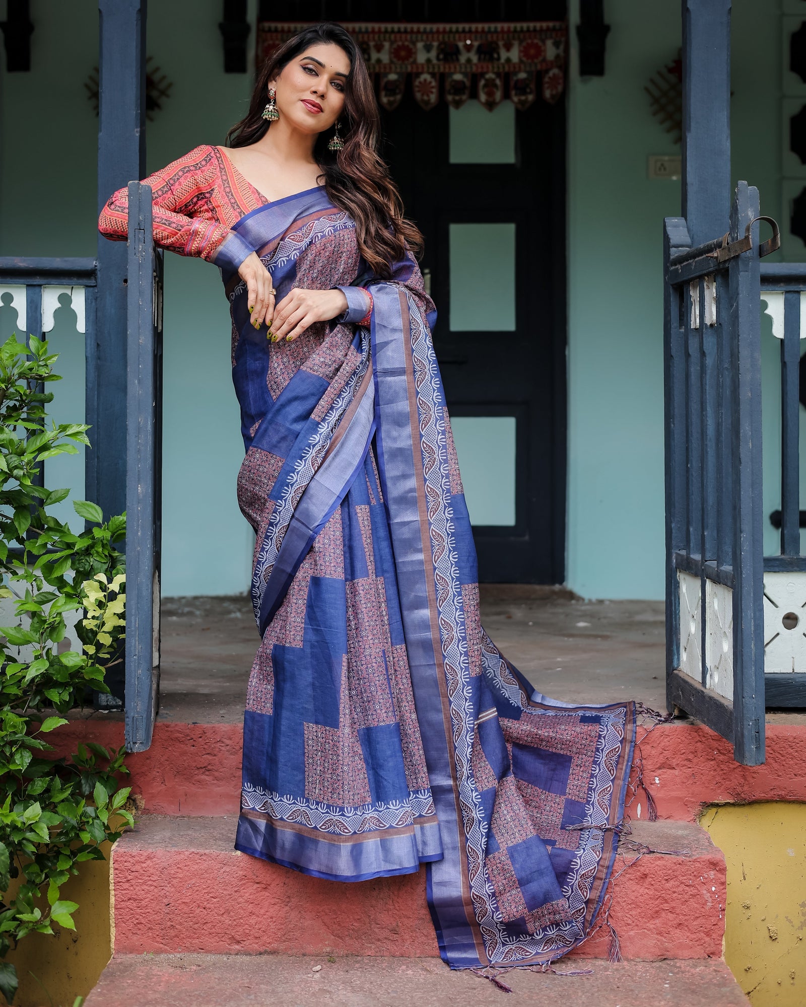 Navy Blue & Red Pure Cotton Linen Saree with Blouse and Tassels on Edges LINEN