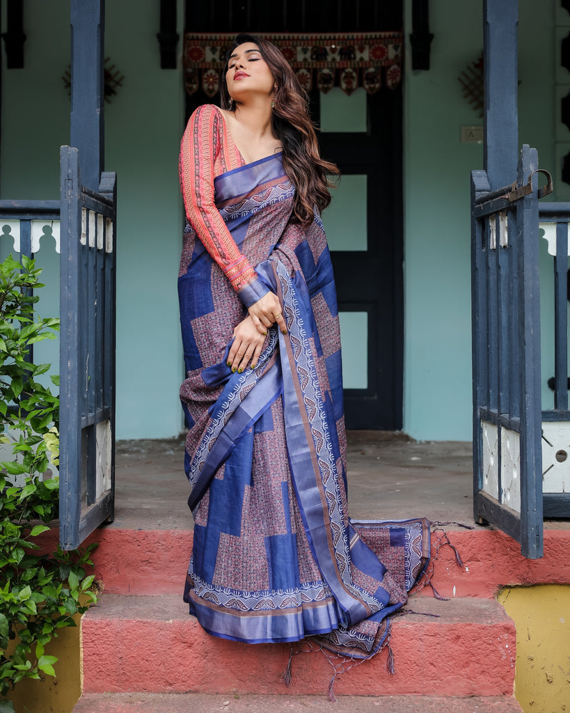 Navy Blue & Red Pure Cotton Linen Saree with Blouse and Tassels on Edges LINEN