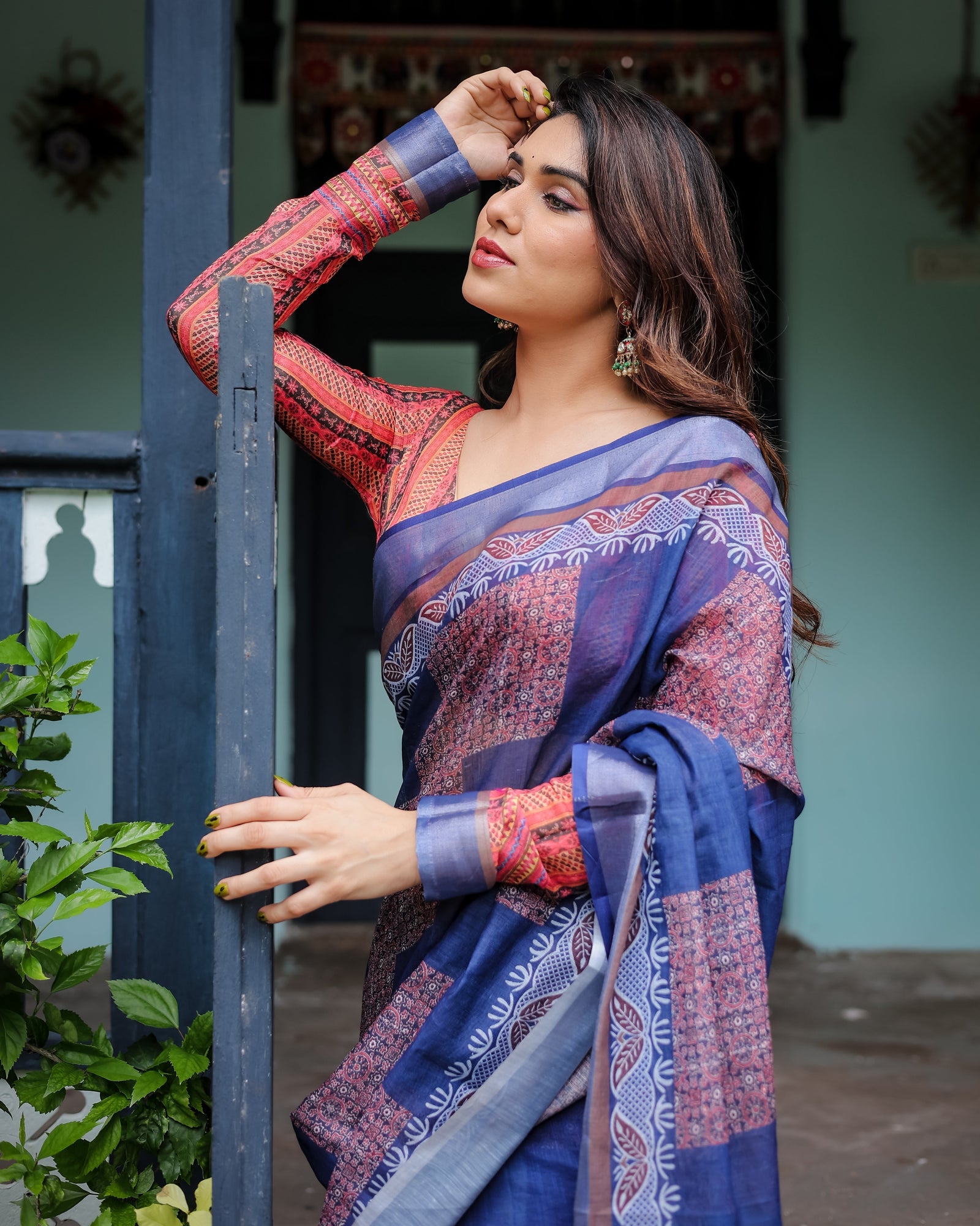Navy Blue & Red Pure Cotton Linen Saree with Blouse and Tassels on Edges LINEN