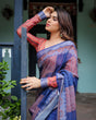 Load image into Gallery viewer, Navy Blue &amp; Red Pure Cotton Linen Saree with Blouse and Tassels on Edges LINEN