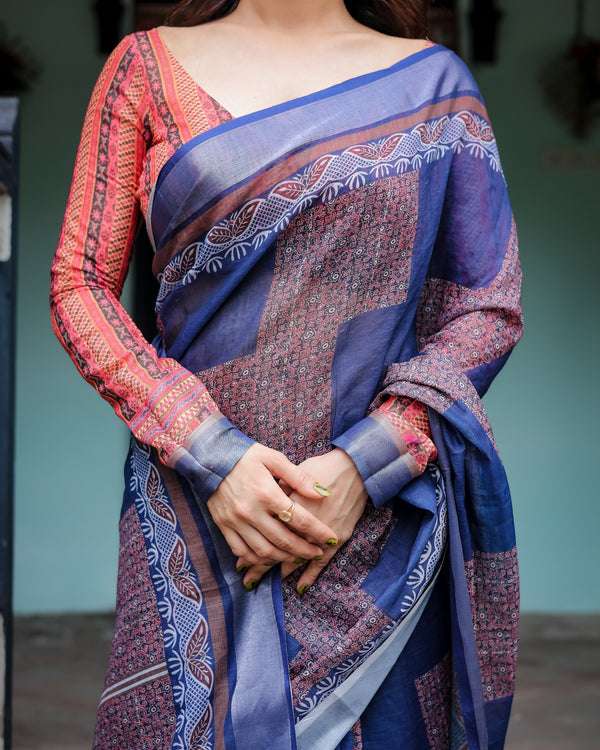 Navy Blue & Red Pure Cotton Linen Saree with Blouse and Tassels on Edges LINEN