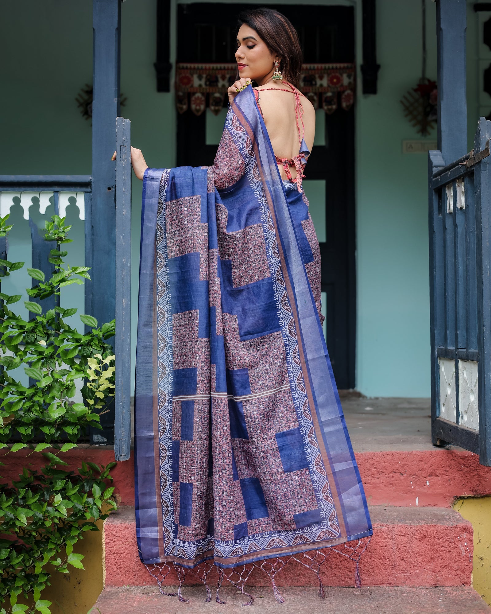 Navy Blue & Red Pure Cotton Linen Saree with Blouse and Tassels on Edges LINEN