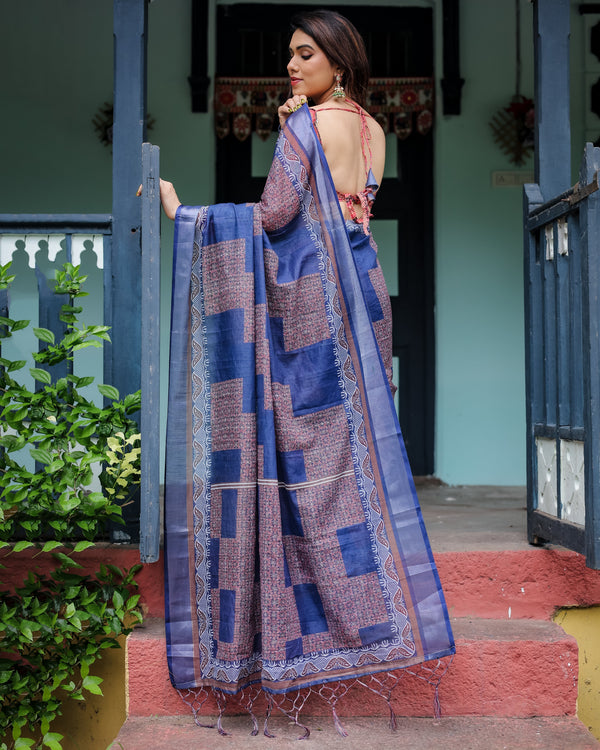 Navy Blue & Red Pure Cotton Linen Saree with Blouse and Tassels on Edges LINEN
