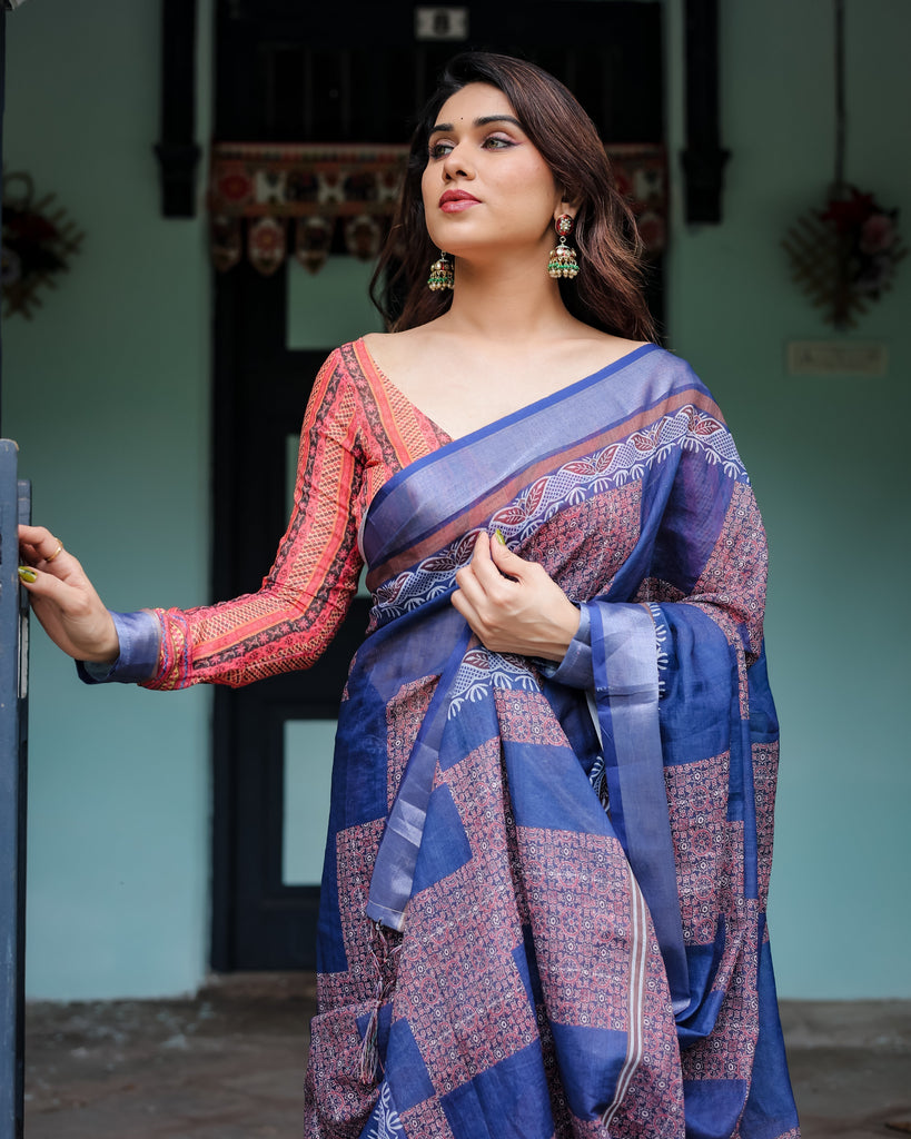 Navy Blue & Red Pure Cotton Linen Saree with Blouse and Tassels on Edges LINEN