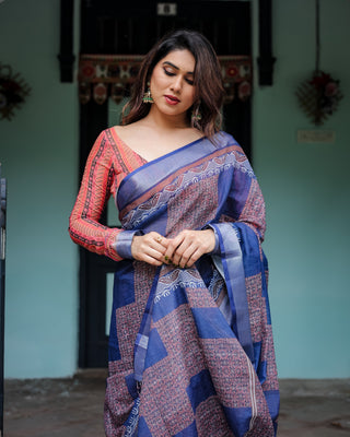 Navy Blue & Red Pure Cotton Linen Saree with Blouse and Tassels on Edges LINEN